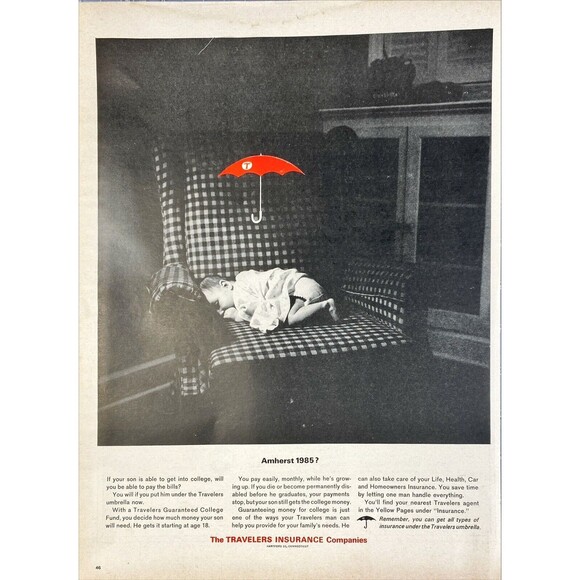 The Travelers Insurance Co. "Put your son under the travelers Umbrella" Ad 1963 - Picture 1 of 3